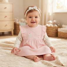 N14756: Baby Girls Waffle Fabric Pinafore, Top & Headband Outfit (0-9 Months)